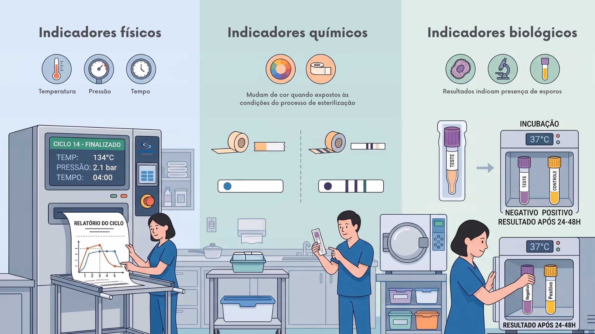 Infográfico comparando indicadores físicos, químicos e biológicos no monitoramento da esterilização em um CME, com relatório de ciclo, fitas que mudam de cor e tubos de incubação