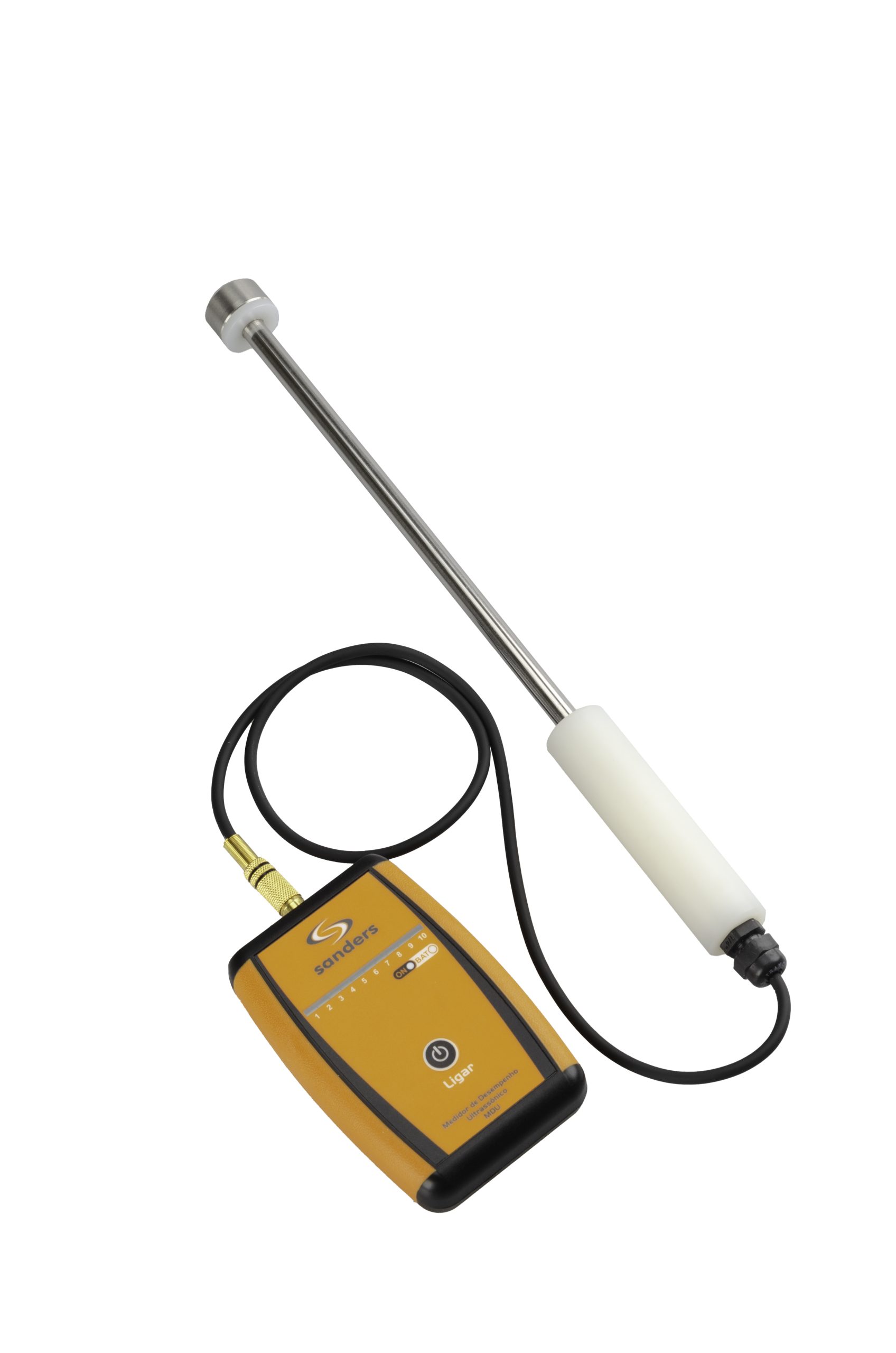 Medidor digital de ultrassom MDU da Sanders do Brasil, utilizado para verificar a eficácia do funcionamento de lavadoras ultrassônicas através da medição da intensidade das ondas ultrassônicas.